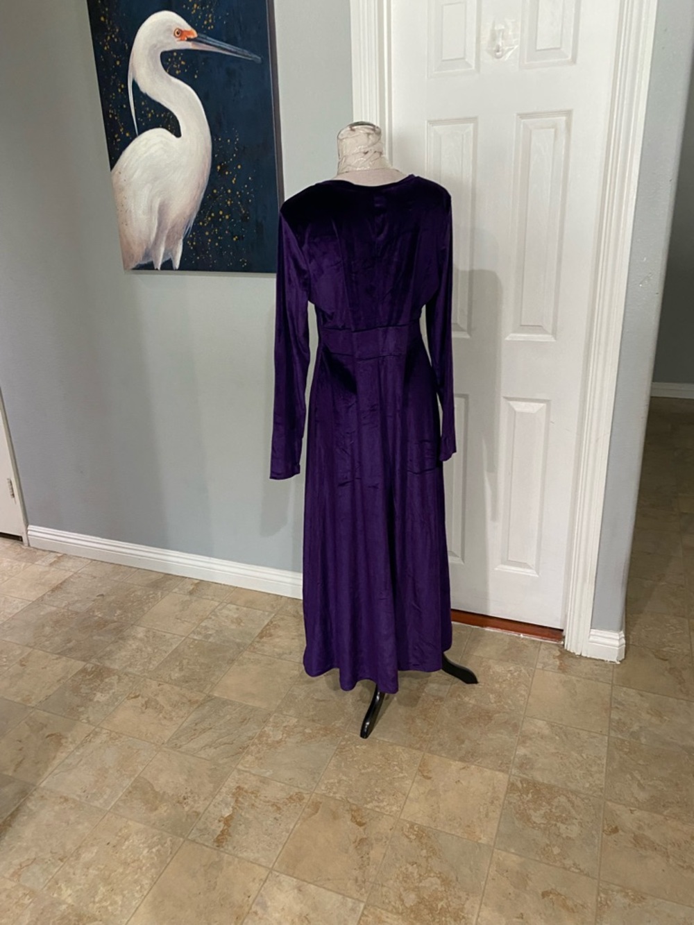 New Women XL Purple Velvet V-neck Stretchy Longsleeve Maxi Dress - Picture 7 of 8